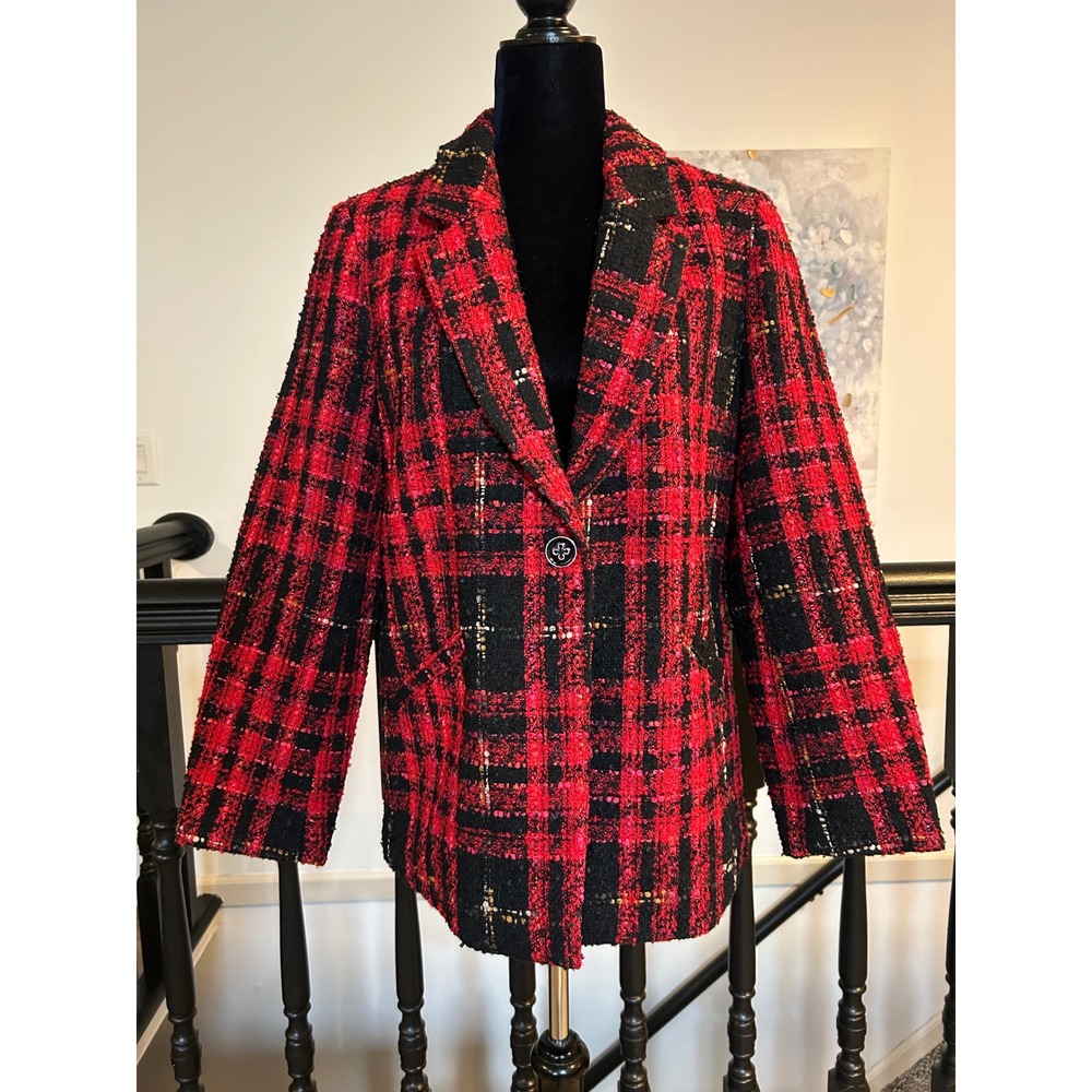 Gabby Isabella Red Black Plaid Wool Blend Tweed Blazer Jacket 520606 NWT Size 10